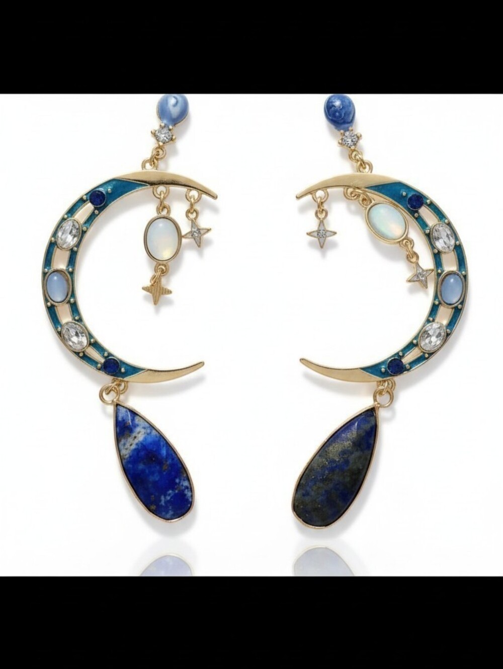 Celestial Crescent Blue Stone Drop Earrings